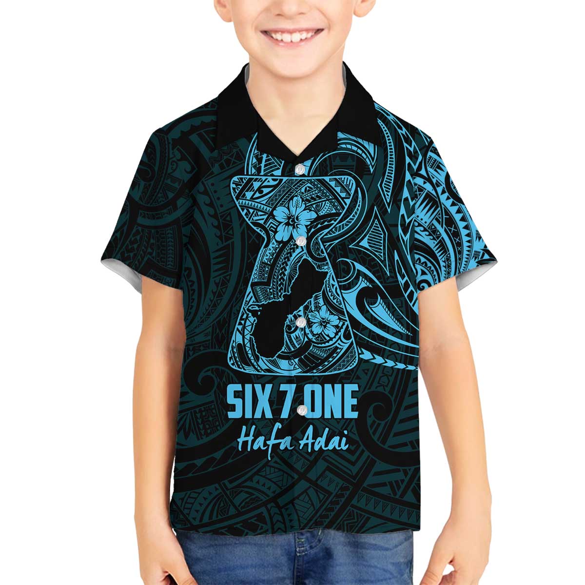 Blue Guam Latte Stone Tribal Tattoo Family Matching Off The Shoulder Long Sleeve Dress and Hawaiian Shirt Hafa Adai Six 7 One LT9 Son's Shirt Blue - Polynesian Pride