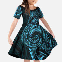 Blue Guam Latte Stone Tribal Tattoo Family Matching Off Shoulder Maxi Dress and Hawaiian Shirt Hafa Adai Six 7 One LT9 Daughter's Dress Blue - Polynesian Pride