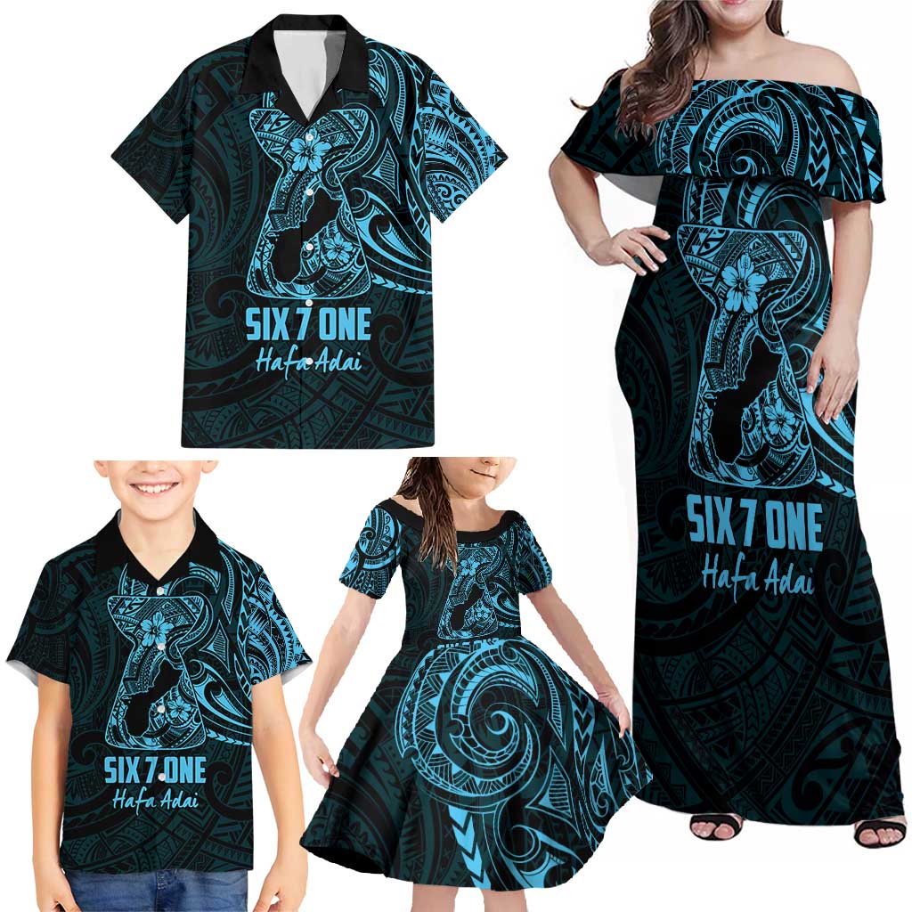 Blue Guam Latte Stone Tribal Tattoo Family Matching Off Shoulder Maxi Dress and Hawaiian Shirt Hafa Adai Six 7 One LT9 - Polynesian Pride