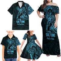 Blue Guam Latte Stone Tribal Tattoo Family Matching Off Shoulder Maxi Dress and Hawaiian Shirt Hafa Adai Six 7 One LT9 - Polynesian Pride