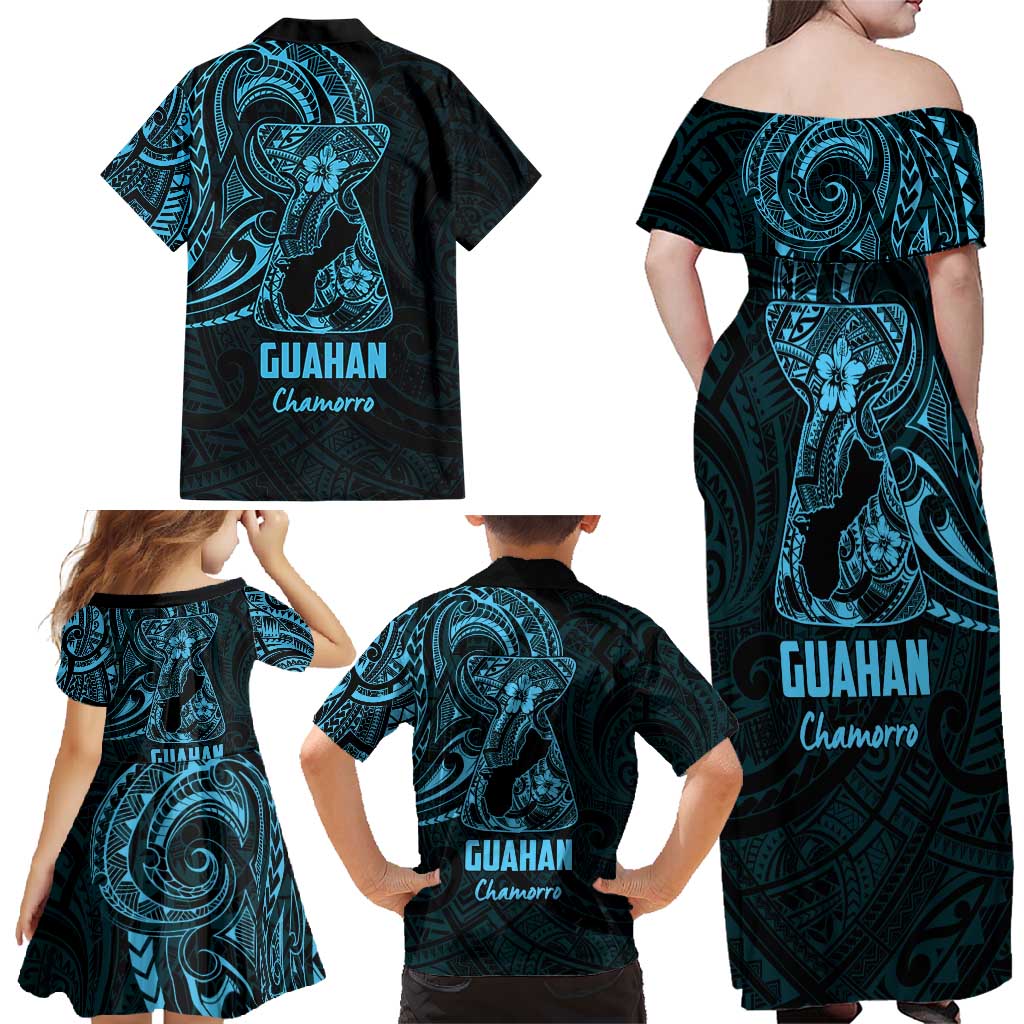 Blue Guam Latte Stone Tribal Tattoo Family Matching Off Shoulder Maxi Dress and Hawaiian Shirt Hafa Adai Six 7 One LT9 - Polynesian Pride