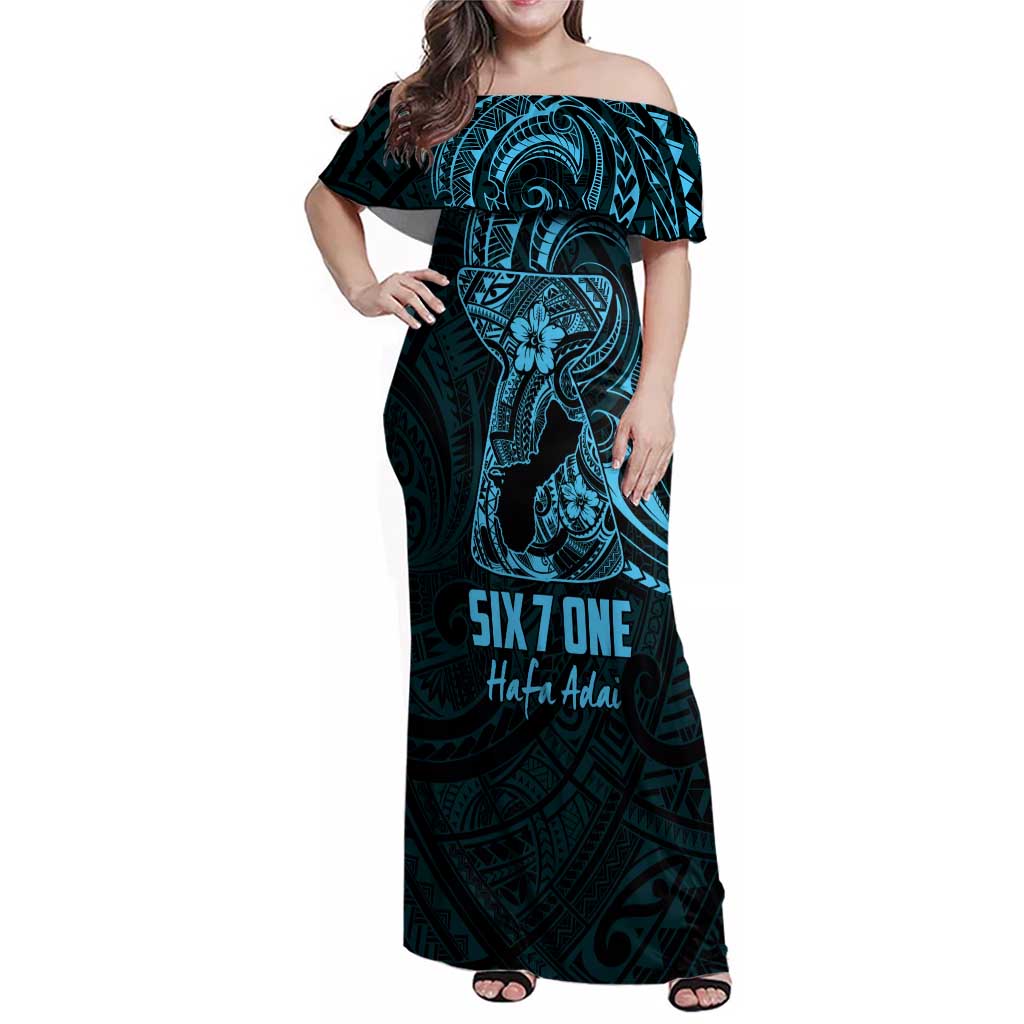 Blue Guam Latte Stone Tribal Tattoo Family Matching Off Shoulder Maxi Dress and Hawaiian Shirt Hafa Adai Six 7 One LT9 Mom's Dress Blue - Polynesian Pride