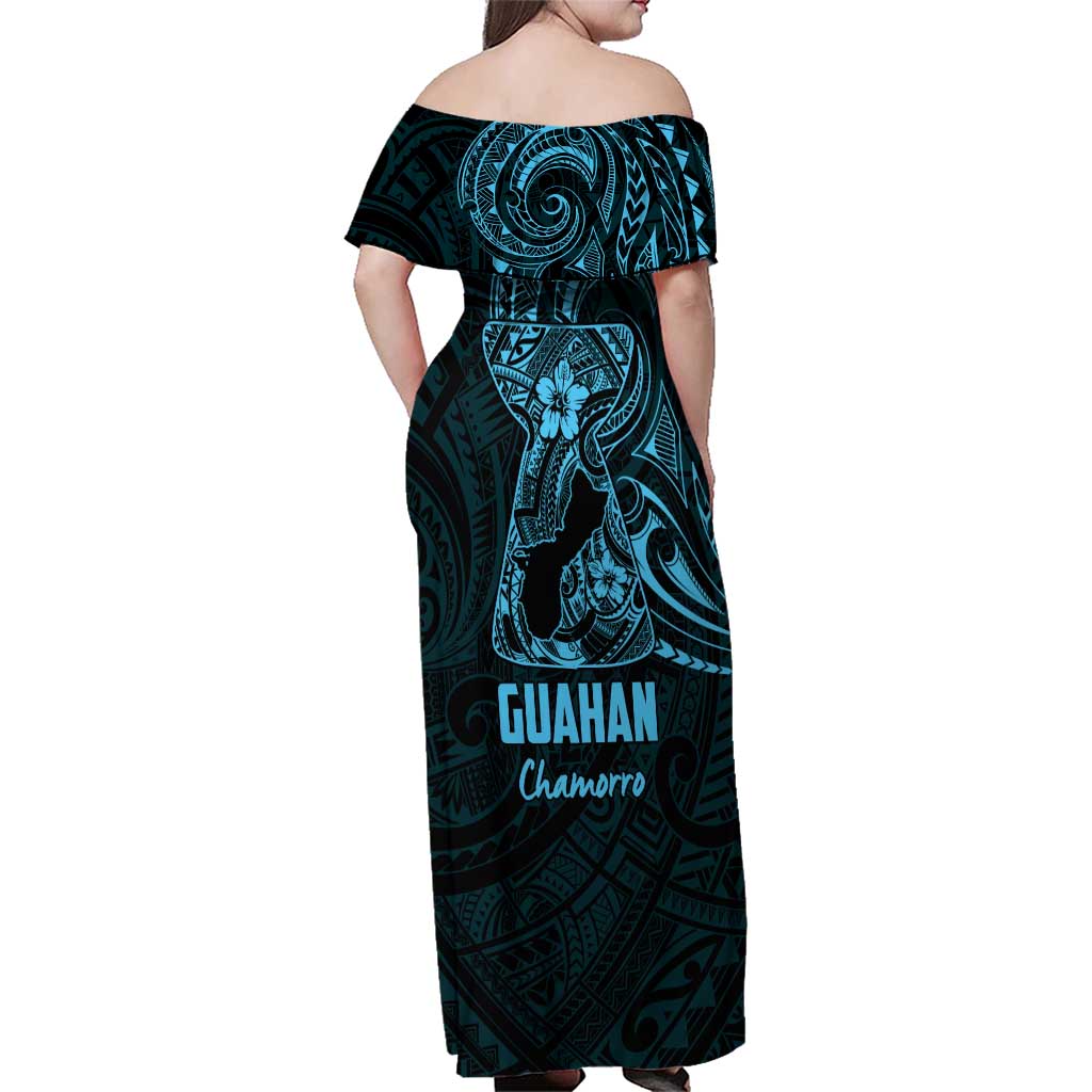 Blue Guam Latte Stone Tribal Tattoo Family Matching Off Shoulder Maxi Dress and Hawaiian Shirt Hafa Adai Six 7 One LT9 - Polynesian Pride