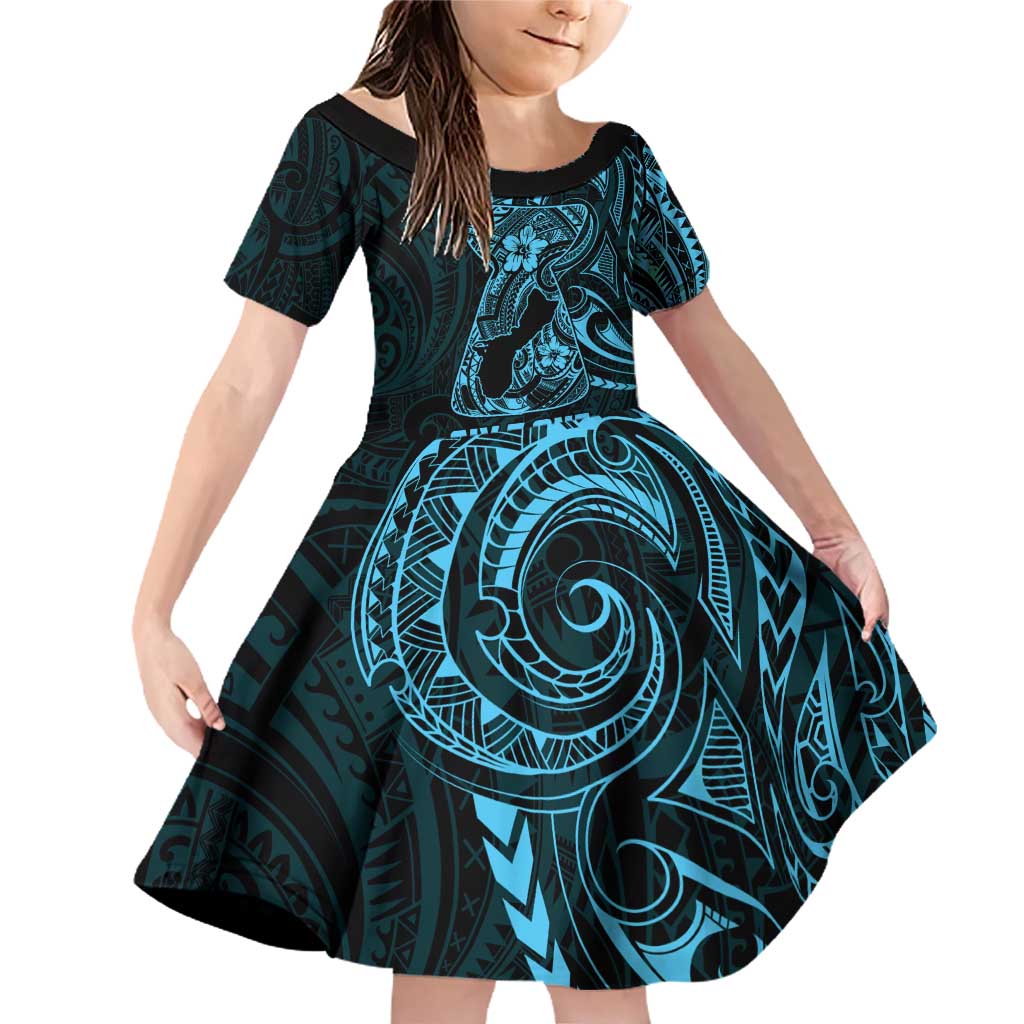 Blue Guam Latte Stone Tribal Tattoo Family Matching Off Shoulder Short Dress and Hawaiian Shirt Hafa Adai Six 7 One LT9 Daughter's Dress Blue - Polynesian Pride
