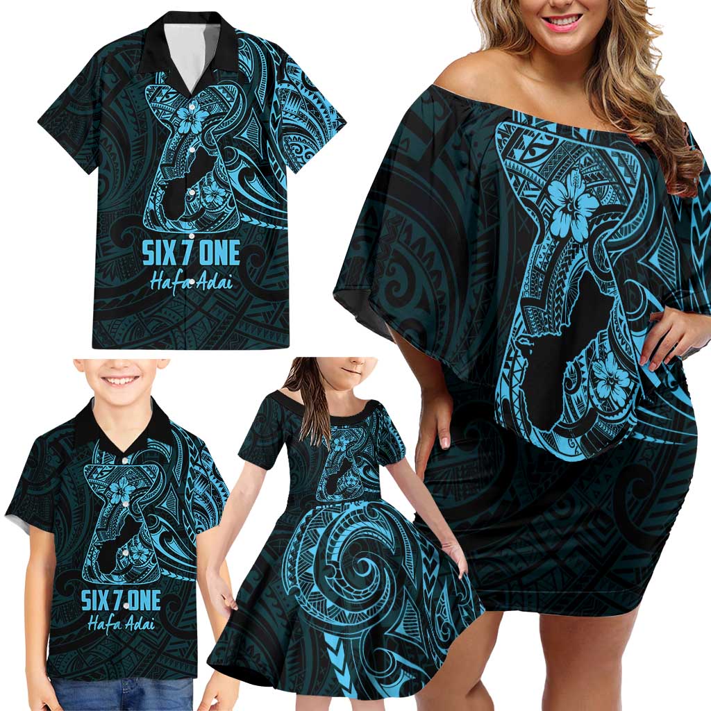 Blue Guam Latte Stone Tribal Tattoo Family Matching Off Shoulder Short Dress and Hawaiian Shirt Hafa Adai Six 7 One LT9 - Polynesian Pride