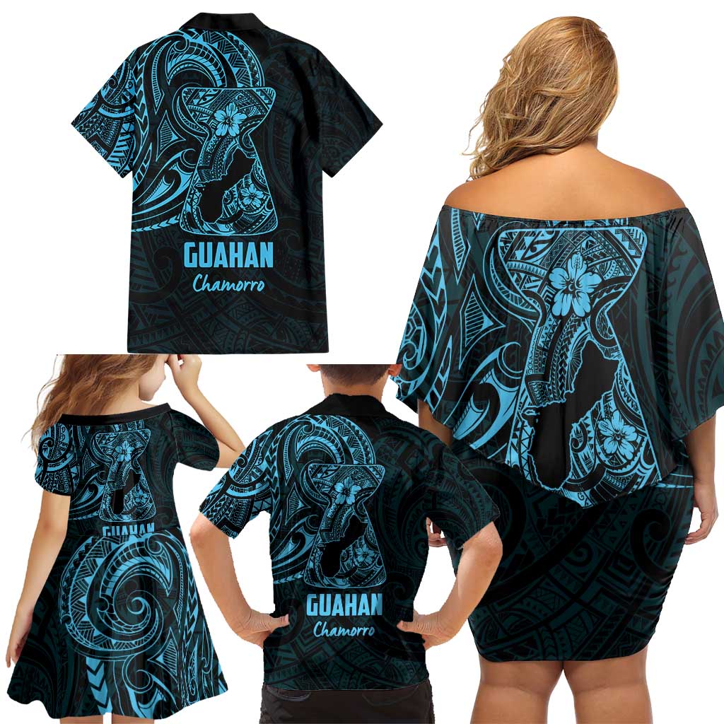 Blue Guam Latte Stone Tribal Tattoo Family Matching Off Shoulder Short Dress and Hawaiian Shirt Hafa Adai Six 7 One LT9 - Polynesian Pride