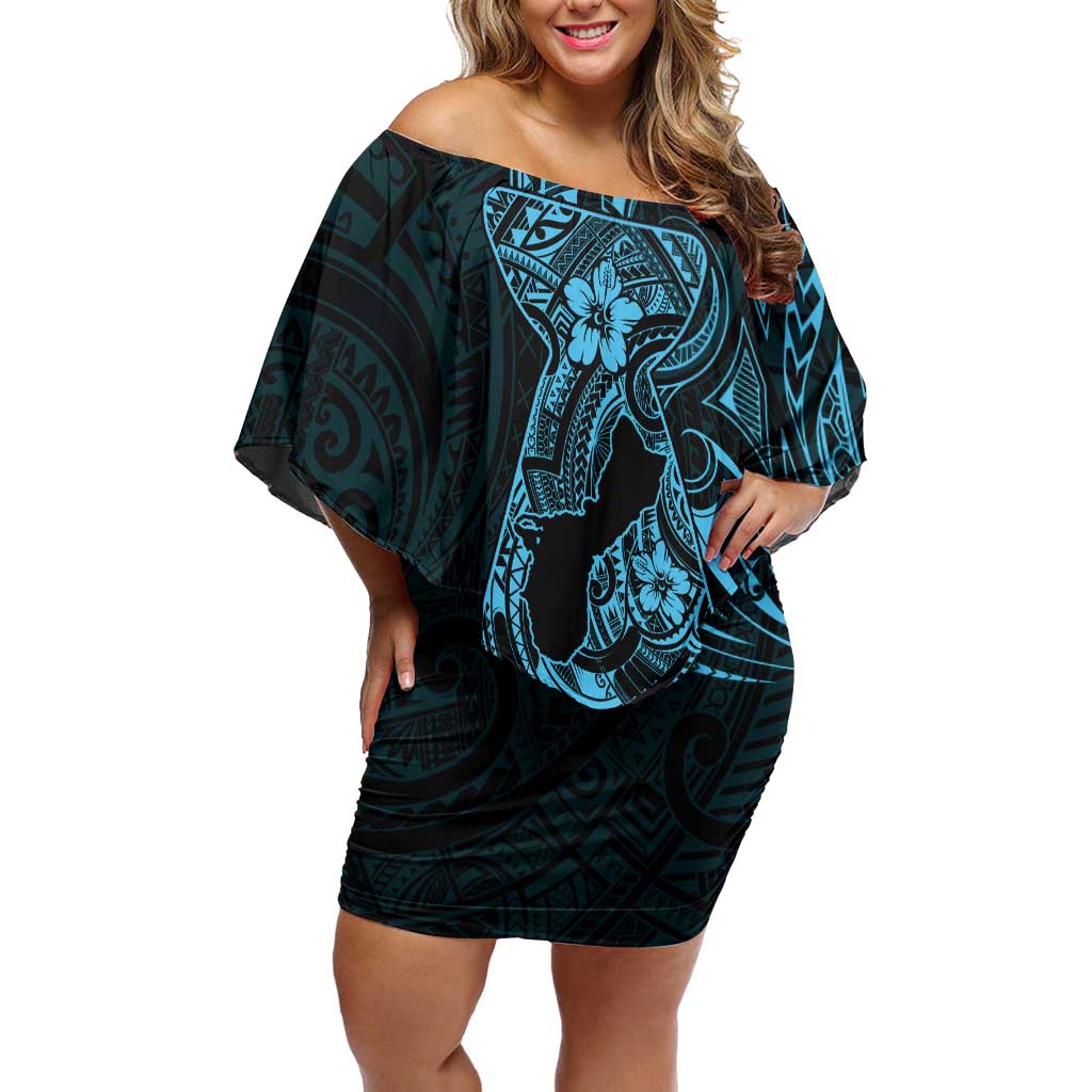 Blue Guam Latte Stone Tribal Tattoo Family Matching Off Shoulder Short Dress and Hawaiian Shirt Hafa Adai Six 7 One LT9 Mom's Dress Blue - Polynesian Pride