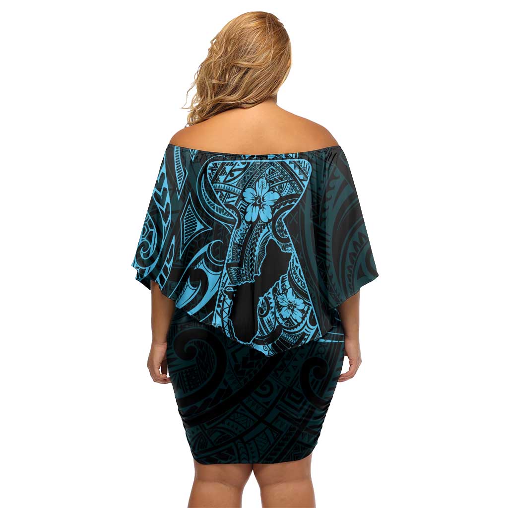 Blue Guam Latte Stone Tribal Tattoo Family Matching Off Shoulder Short Dress and Hawaiian Shirt Hafa Adai Six 7 One LT9 - Polynesian Pride