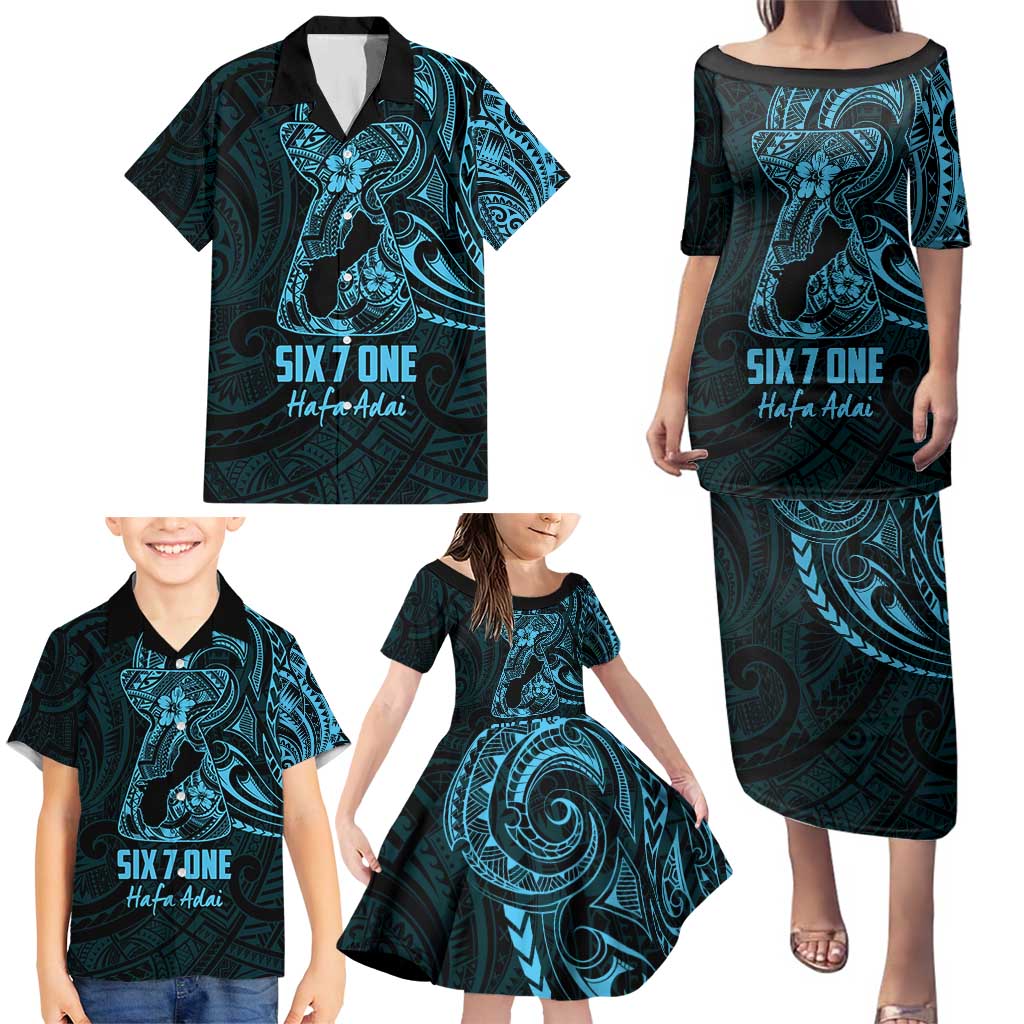 Blue Guam Latte Stone Tribal Tattoo Family Matching Puletasi and Hawaiian Shirt Hafa Adai Six 7 One LT9 - Polynesian Pride