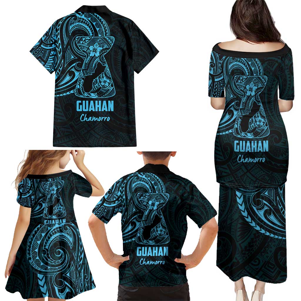 Blue Guam Latte Stone Tribal Tattoo Family Matching Puletasi and Hawaiian Shirt Hafa Adai Six 7 One LT9 - Polynesian Pride