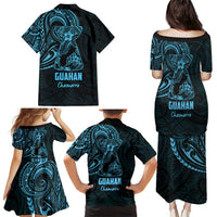 Blue Guam Latte Stone Tribal Tattoo Family Matching Puletasi and Hawaiian Shirt Hafa Adai Six 7 One LT9 - Polynesian Pride