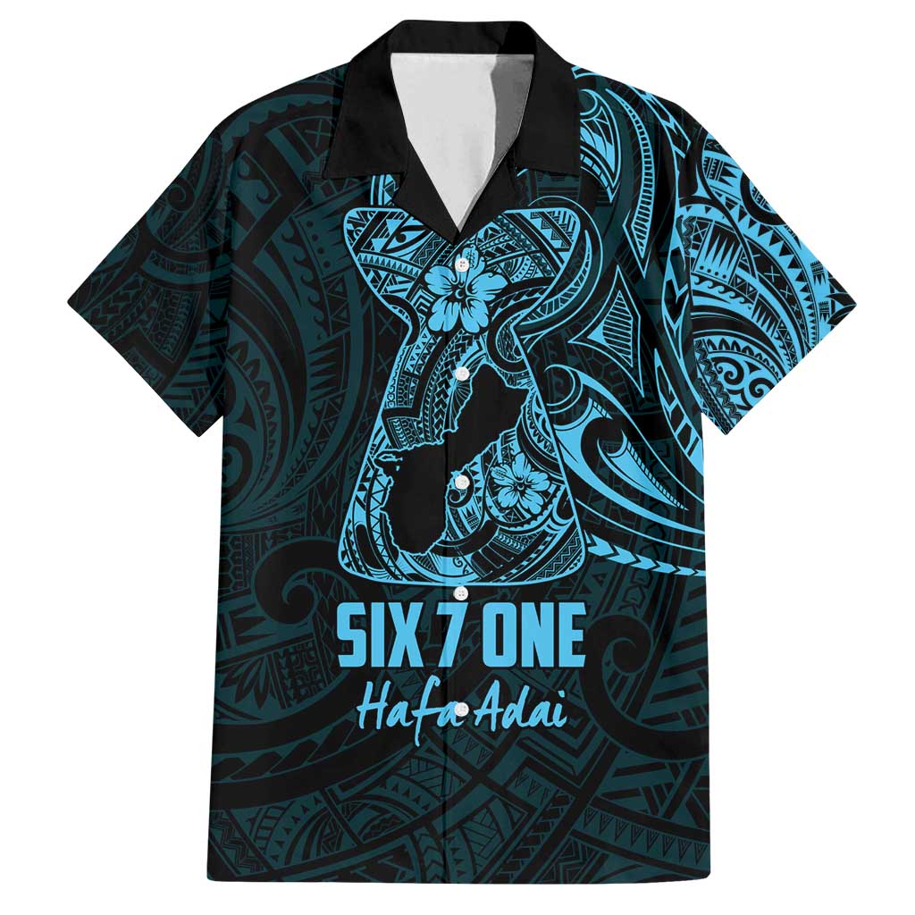 Blue Guam Latte Stone Tribal Tattoo Family Matching Puletasi and Hawaiian Shirt Hafa Adai Six 7 One LT9 Dad's Shirt - Short Sleeve Blue - Polynesian Pride