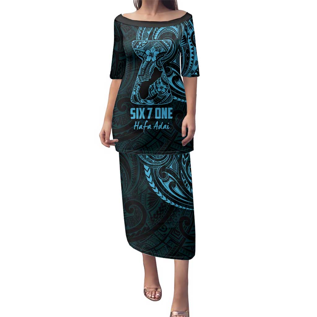 Blue Guam Latte Stone Tribal Tattoo Family Matching Puletasi and Hawaiian Shirt Hafa Adai Six 7 One LT9 Mom's Dress Blue - Polynesian Pride