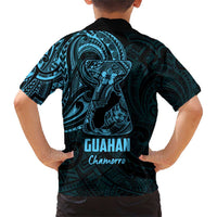 Blue Guam Latte Stone Tribal Tattoo Family Matching Short Sleeve Bodycon Dress and Hawaiian Shirt Hafa Adai Six 7 One LT9 - Polynesian Pride