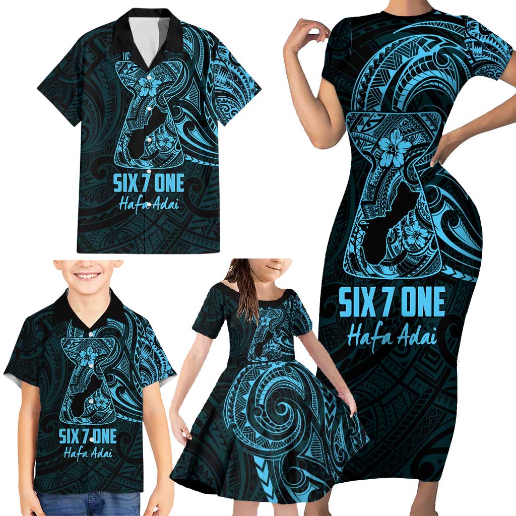 Blue Guam Latte Stone Tribal Tattoo Family Matching Short Sleeve Bodycon Dress and Hawaiian Shirt Hafa Adai Six 7 One LT9 - Polynesian Pride