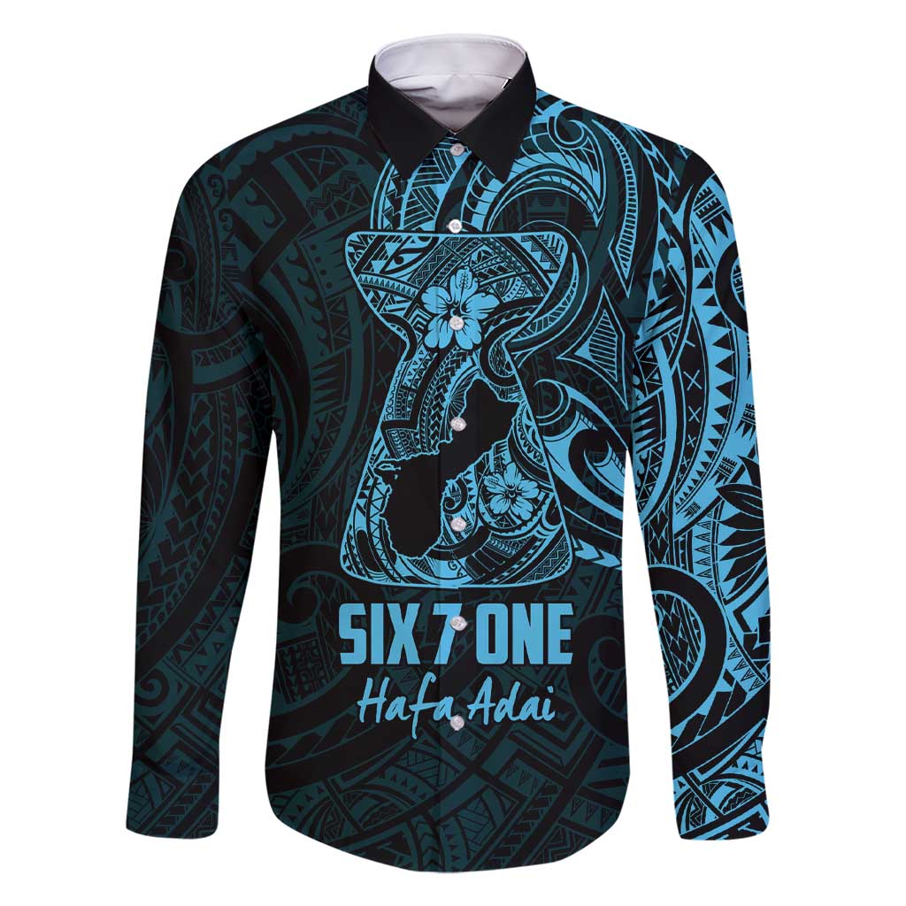 Blue Guam Latte Stone Tribal Tattoo Family Matching Short Sleeve Bodycon Dress and Hawaiian Shirt Hafa Adai Six 7 One LT9 Dad's Shirt - Long Sleeve Blue - Polynesian Pride