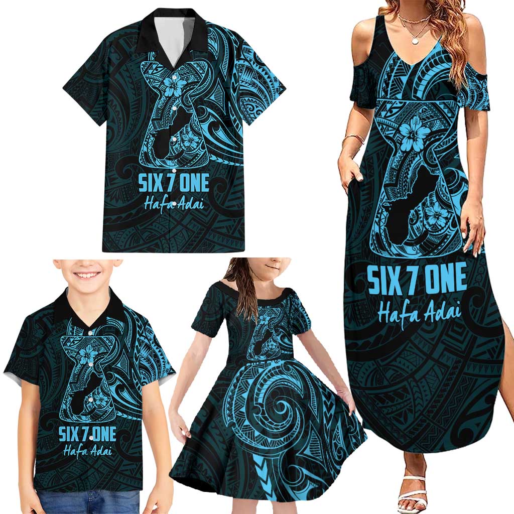 Blue Guam Latte Stone Tribal Tattoo Family Matching Summer Maxi Dress and Hawaiian Shirt Hafa Adai Six 7 One LT9 - Polynesian Pride