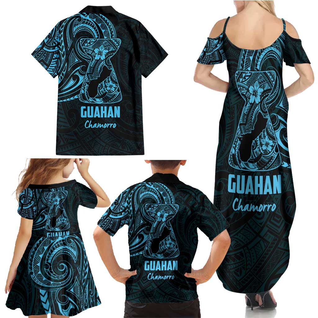 Blue Guam Latte Stone Tribal Tattoo Family Matching Summer Maxi Dress and Hawaiian Shirt Hafa Adai Six 7 One LT9 - Polynesian Pride