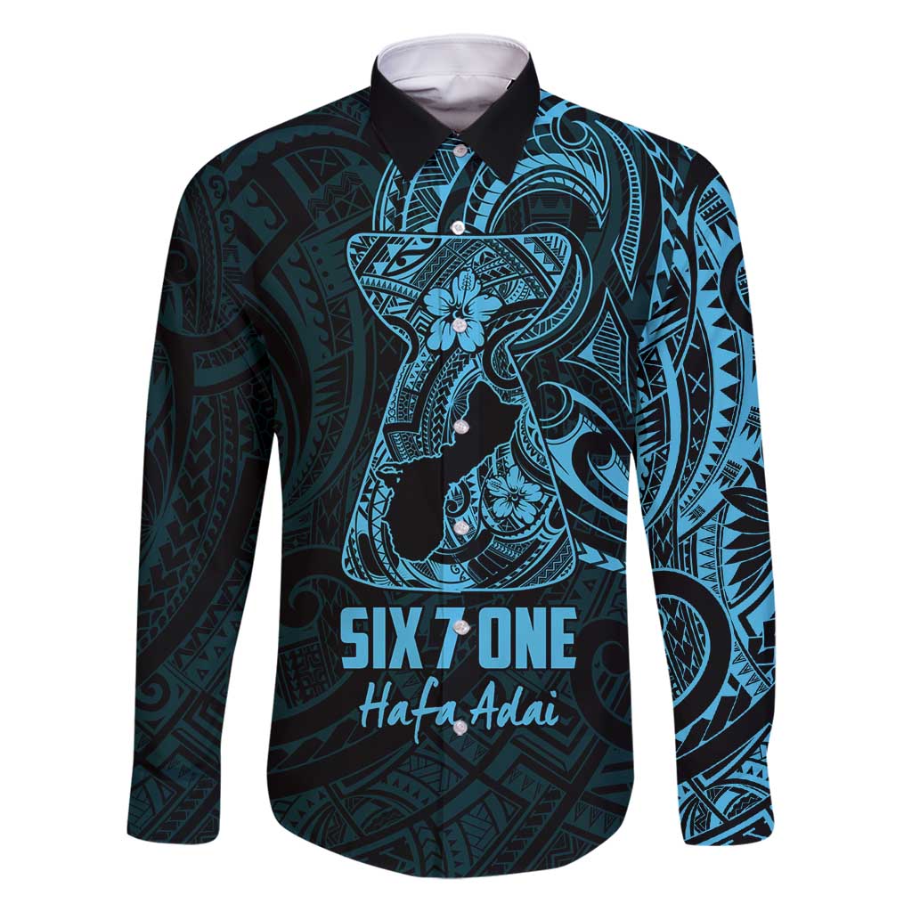 Blue Guam Latte Stone Tribal Tattoo Family Matching Summer Maxi Dress and Hawaiian Shirt Hafa Adai Six 7 One LT9 Dad's Shirt - Long Sleeve Blue - Polynesian Pride