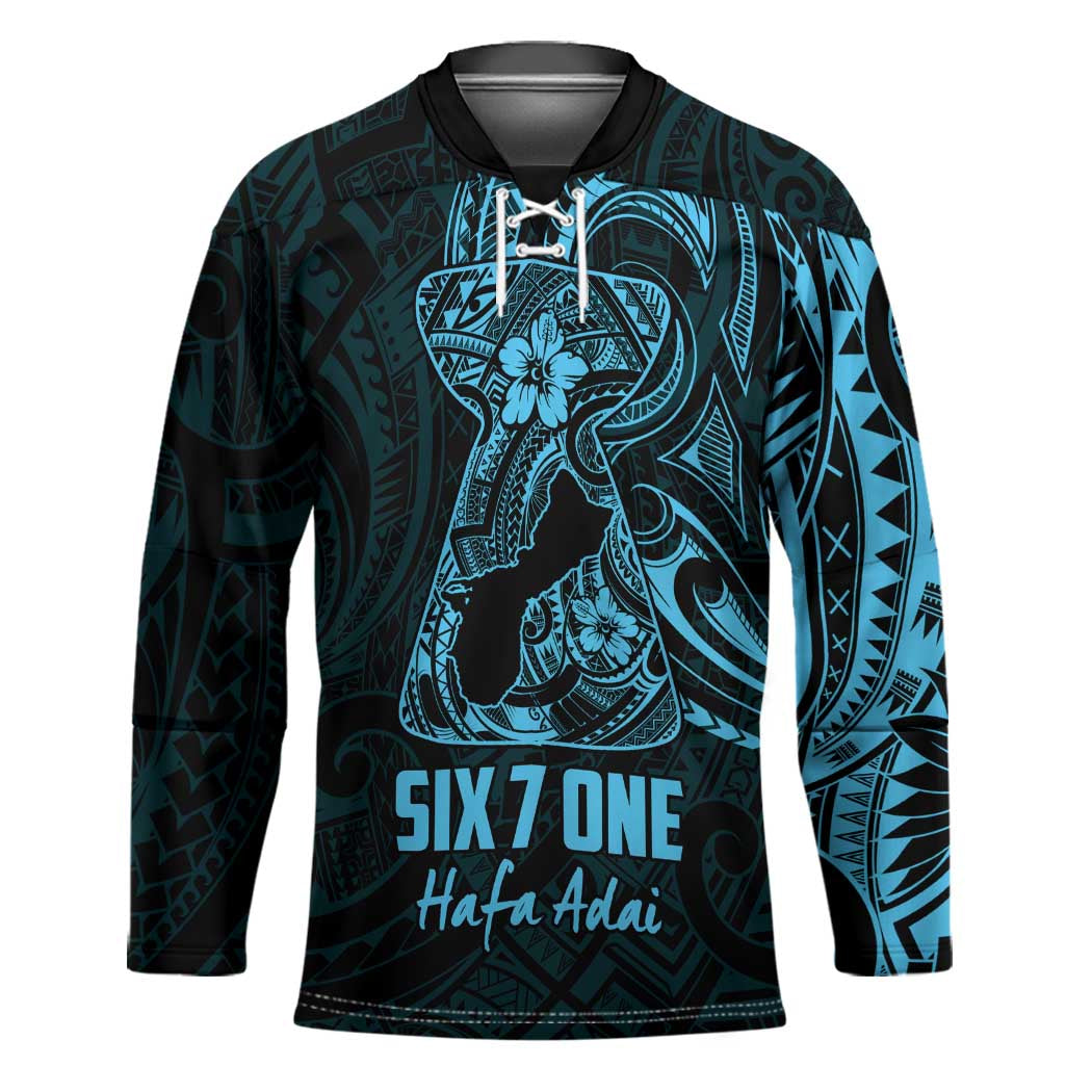 Blue Guam Latte Stone Tribal Tattoo Hockey Jersey Hafa Adai Six 7 One - Polynesian Pride