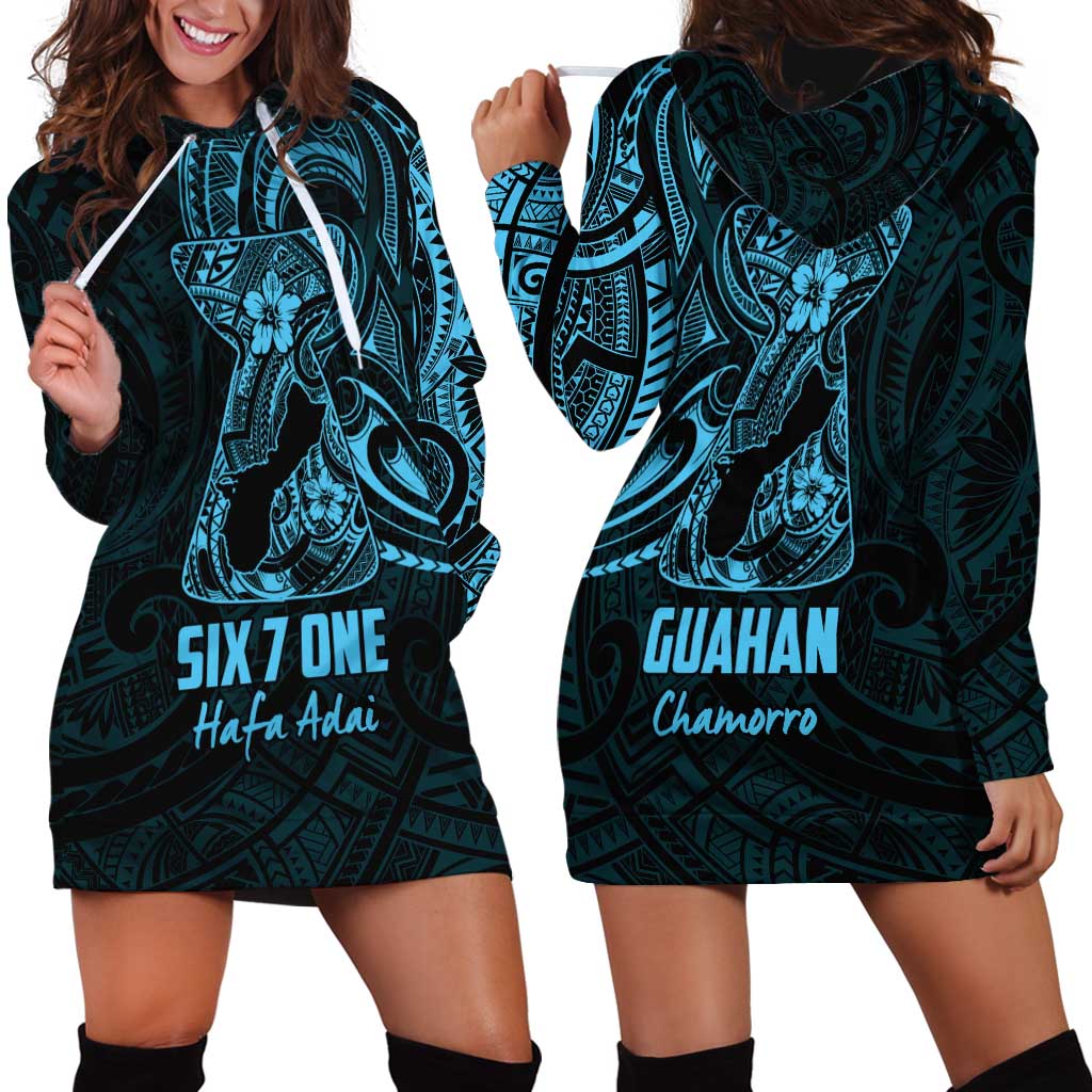 Blue Guam Latte Stone Tribal Tattoo Hoodie Dress Hafa Adai Six 7 One LT9 - Polynesian Pride