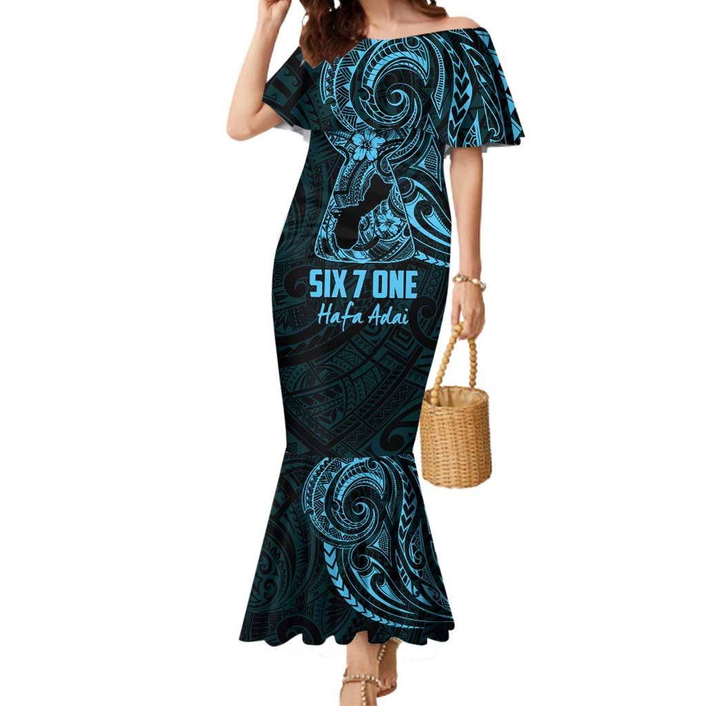 Blue Guam Latte Stone Tribal Tattoo Mermaid Dress Hafa Adai Six 7 One LT9 Women Blue - Polynesian Pride