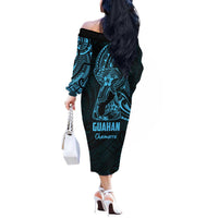 Blue Guam Latte Stone Tribal Tattoo Off The Shoulder Long Sleeve Dress Hafa Adai Six 7 One LT9 - Polynesian Pride