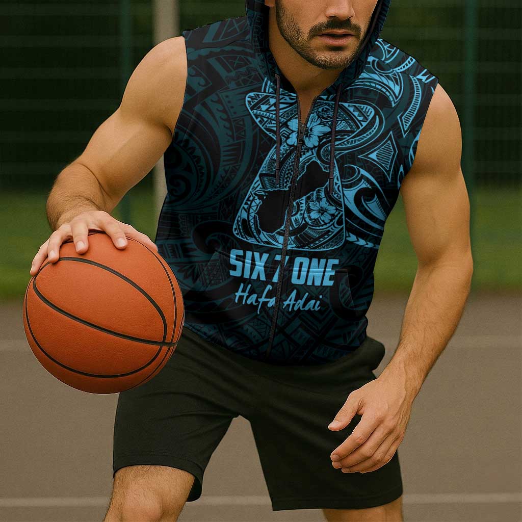 Blue Guam Latte Stone Tribal Tattoo Sleeveless Zip Hoodie Hafa Adai Six 7 One - Polynesian Pride