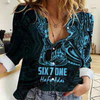 Blue Guam Latte Stone Tribal Tattoo Women Casual Shirt Hafa Adai Six 7 One LT9 Female Blue - Polynesian Pride