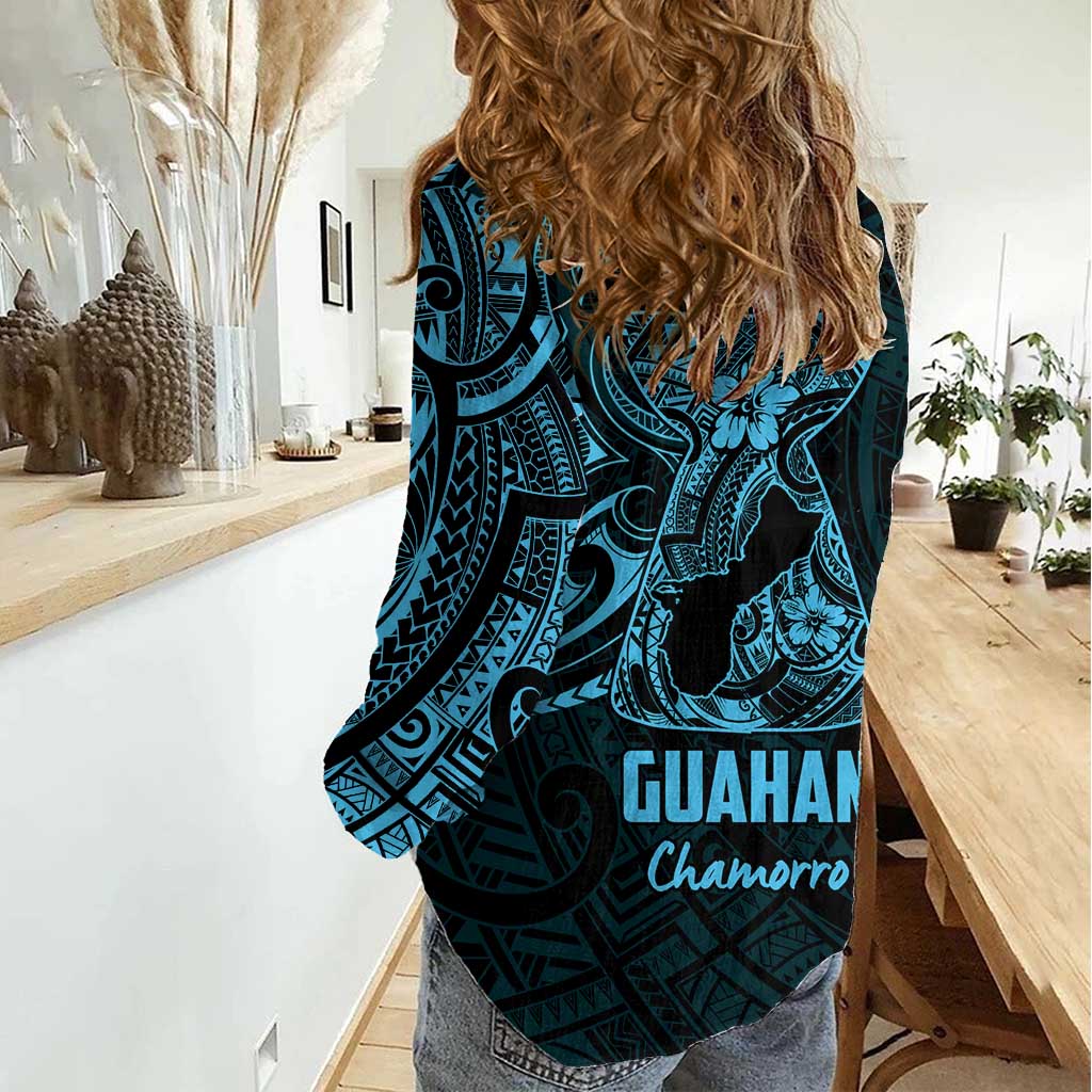 Blue Guam Latte Stone Tribal Tattoo Women Casual Shirt Hafa Adai Six 7 One LT9 - Polynesian Pride
