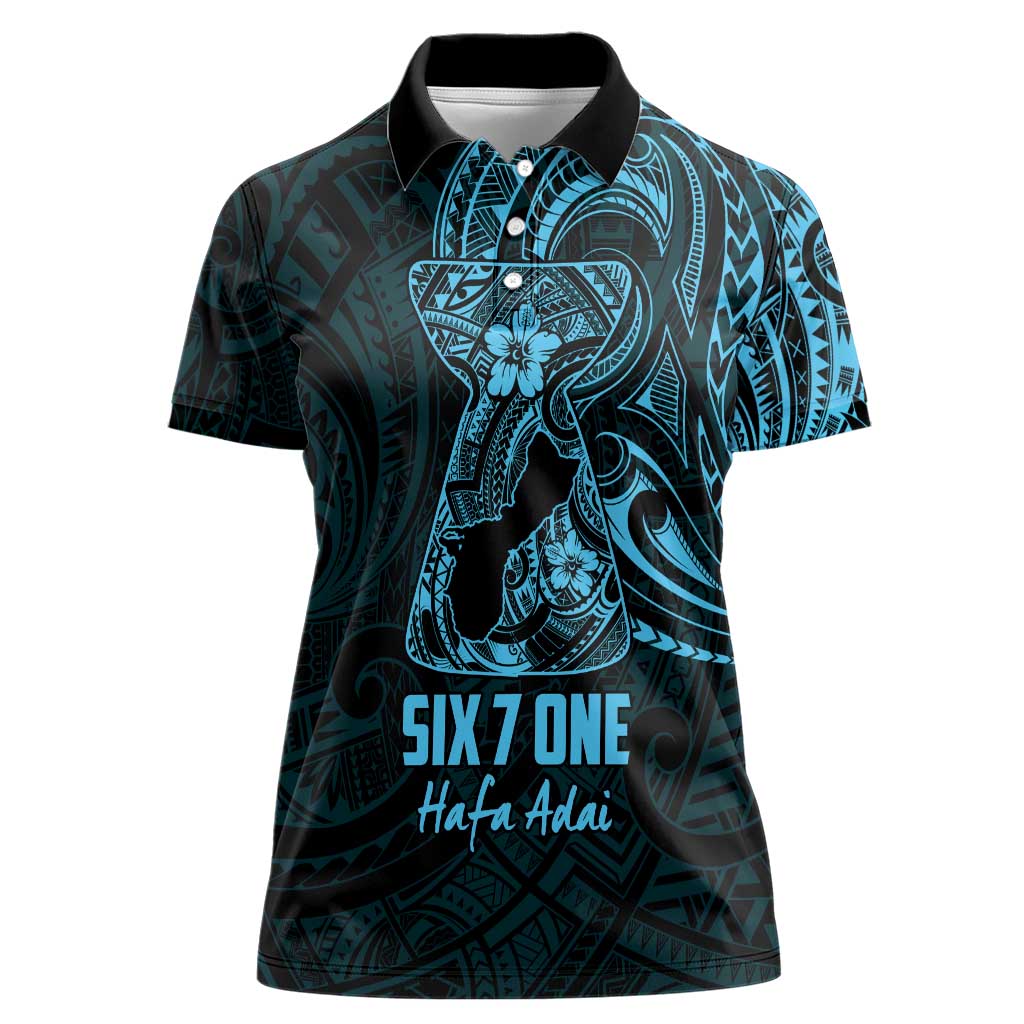 Blue Guam Latte Stone Tribal Tattoo Women Polo Shirt Hafa Adai Six 7 One LT9 Female Blue - Polynesian Pride