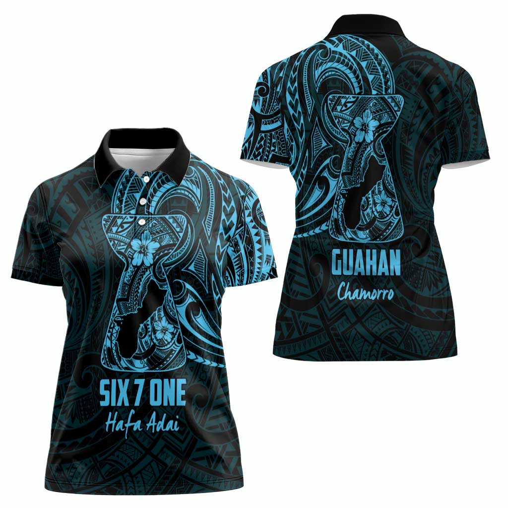 Blue Guam Latte Stone Tribal Tattoo Women Polo Shirt Hafa Adai Six 7 One LT9 - Polynesian Pride