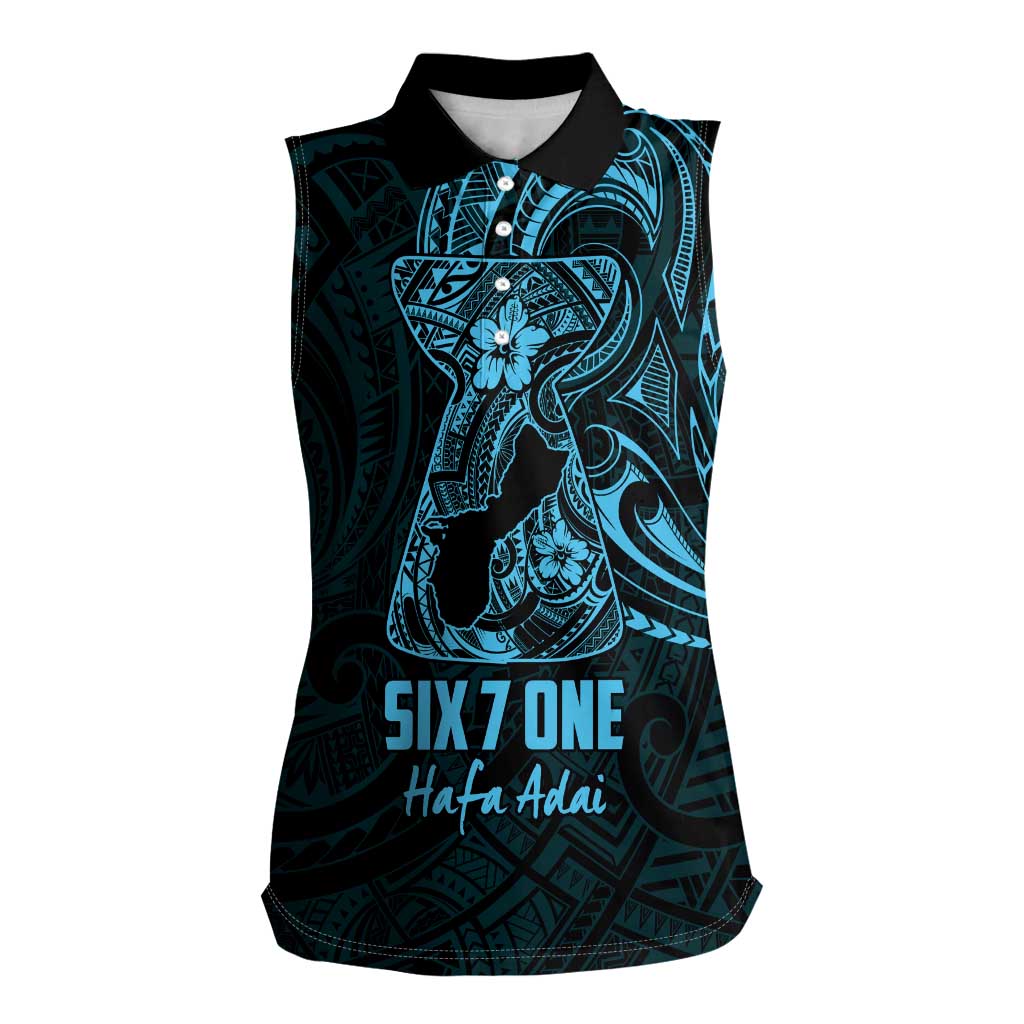 Blue Guam Latte Stone Tribal Tattoo Women Sleeveless Polo Shirt Hafa Adai Six 7 One LT9 Female Blue - Polynesian Pride