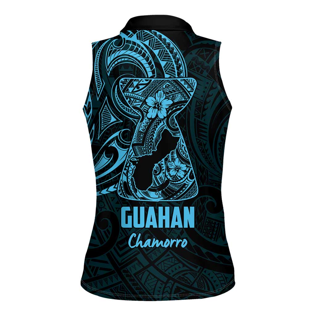 Blue Guam Latte Stone Tribal Tattoo Women Sleeveless Polo Shirt Hafa Adai Six 7 One LT9 - Polynesian Pride
