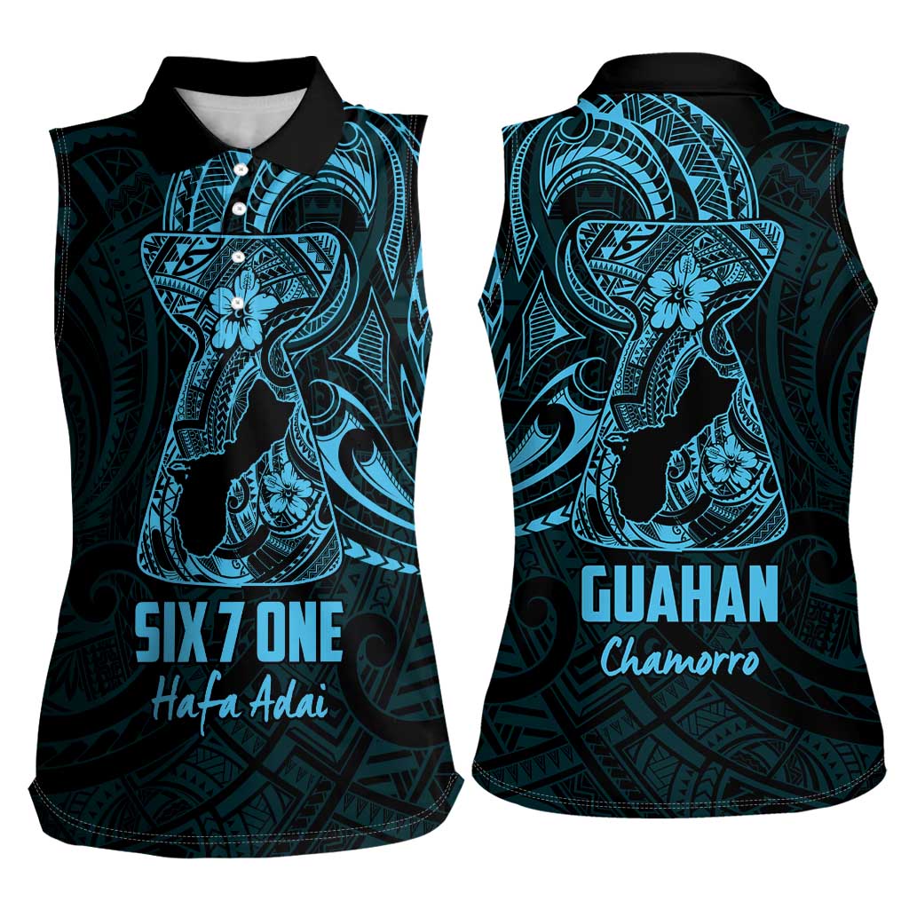 Blue Guam Latte Stone Tribal Tattoo Women Sleeveless Polo Shirt Hafa Adai Six 7 One LT9 - Polynesian Pride