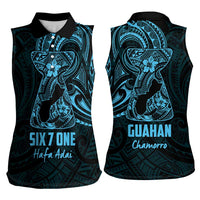 Blue Guam Latte Stone Tribal Tattoo Women Sleeveless Polo Shirt Hafa Adai Six 7 One LT9 - Polynesian Pride