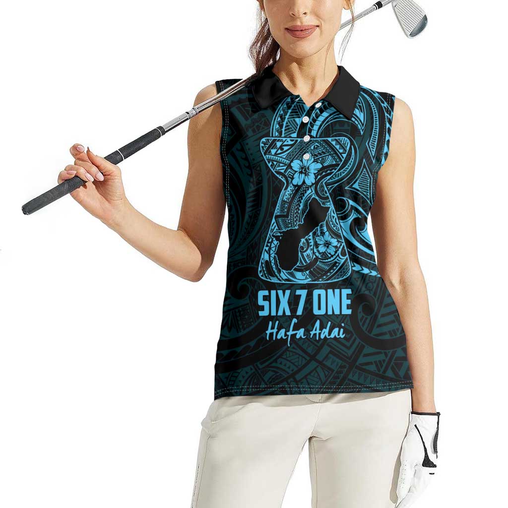 Blue Guam Latte Stone Tribal Tattoo Women Sleeveless Polo Shirt Hafa Adai Six 7 One LT9 - Polynesian Pride