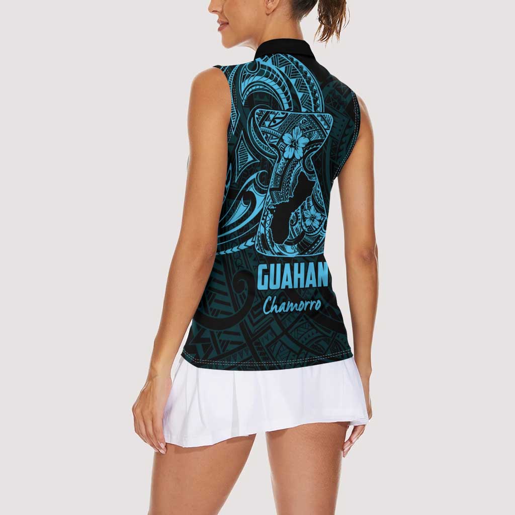 Blue Guam Latte Stone Tribal Tattoo Women Sleeveless Polo Shirt Hafa Adai Six 7 One LT9 - Polynesian Pride
