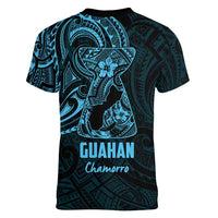 Blue Guam Latte Stone Tribal Tattoo Women V-Neck T-Shirt Hafa Adai Six 7 One LT9 - Polynesian Pride