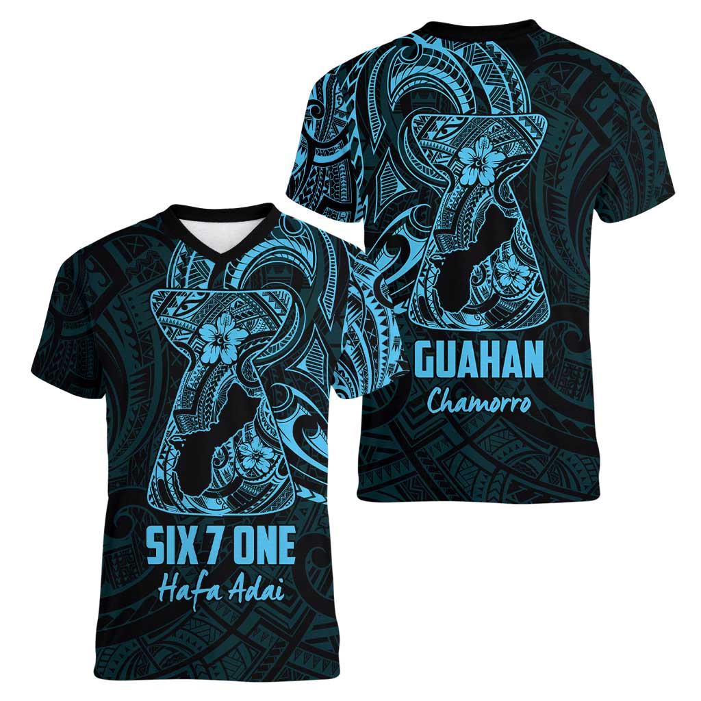 Blue Guam Latte Stone Tribal Tattoo Women V-Neck T-Shirt Hafa Adai Six 7 One LT9 - Polynesian Pride
