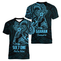 Blue Guam Latte Stone Tribal Tattoo Women V-Neck T-Shirt Hafa Adai Six 7 One LT9 - Polynesian Pride