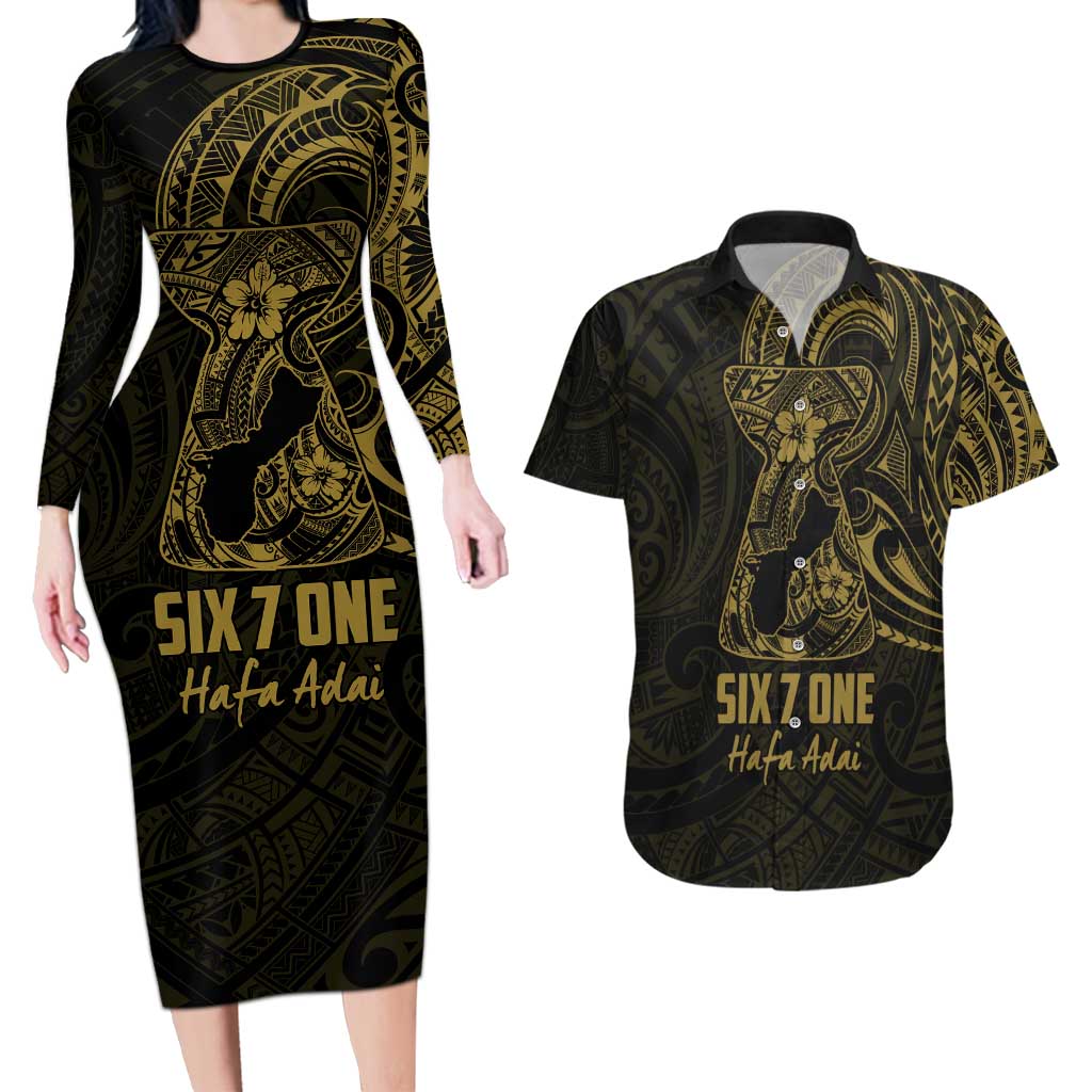 Gold Guam Latte Stone Tribal Tattoo Couples Matching Long Sleeve Bodycon Dress and Hawaiian Shirt Hafa Adai Six 7 One LT9 Gold - Polynesian Pride