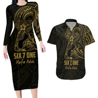 Gold Guam Latte Stone Tribal Tattoo Couples Matching Long Sleeve Bodycon Dress and Hawaiian Shirt Hafa Adai Six 7 One LT9 Gold - Polynesian Pride