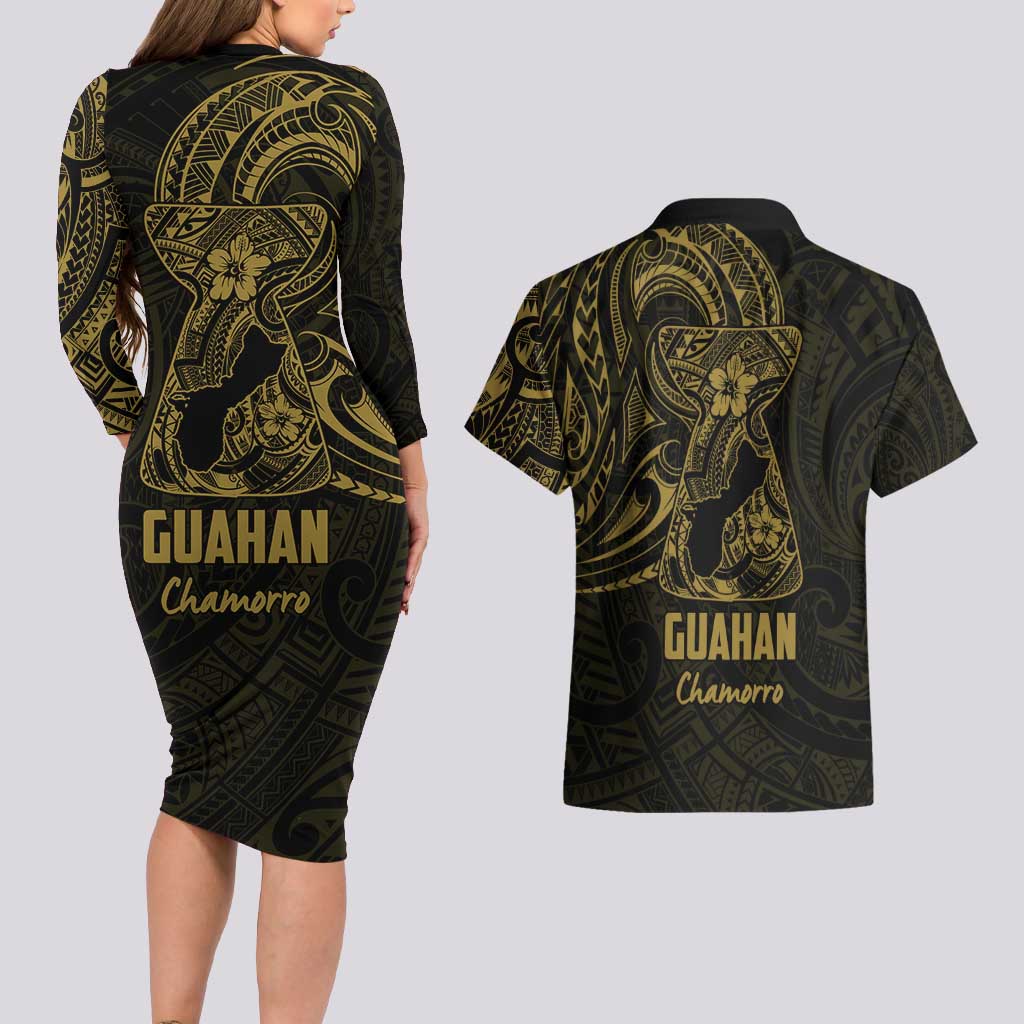 Gold Guam Latte Stone Tribal Tattoo Couples Matching Long Sleeve Bodycon Dress and Hawaiian Shirt Hafa Adai Six 7 One LT9 - Polynesian Pride