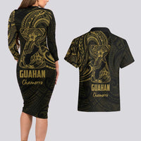 Gold Guam Latte Stone Tribal Tattoo Couples Matching Long Sleeve Bodycon Dress and Hawaiian Shirt Hafa Adai Six 7 One LT9 - Polynesian Pride