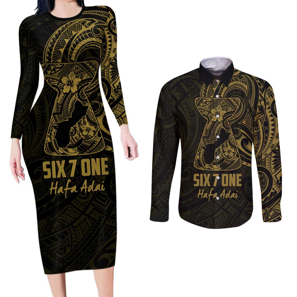 Gold Guam Latte Stone Tribal Tattoo Couples Matching Long Sleeve Bodycon Dress and Long Sleeve Button Shirt Hafa Adai Six 7 One LT9 Gold - Polynesian Pride