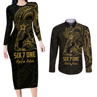 Gold Guam Latte Stone Tribal Tattoo Couples Matching Long Sleeve Bodycon Dress and Long Sleeve Button Shirt Hafa Adai Six 7 One LT9 Gold - Polynesian Pride