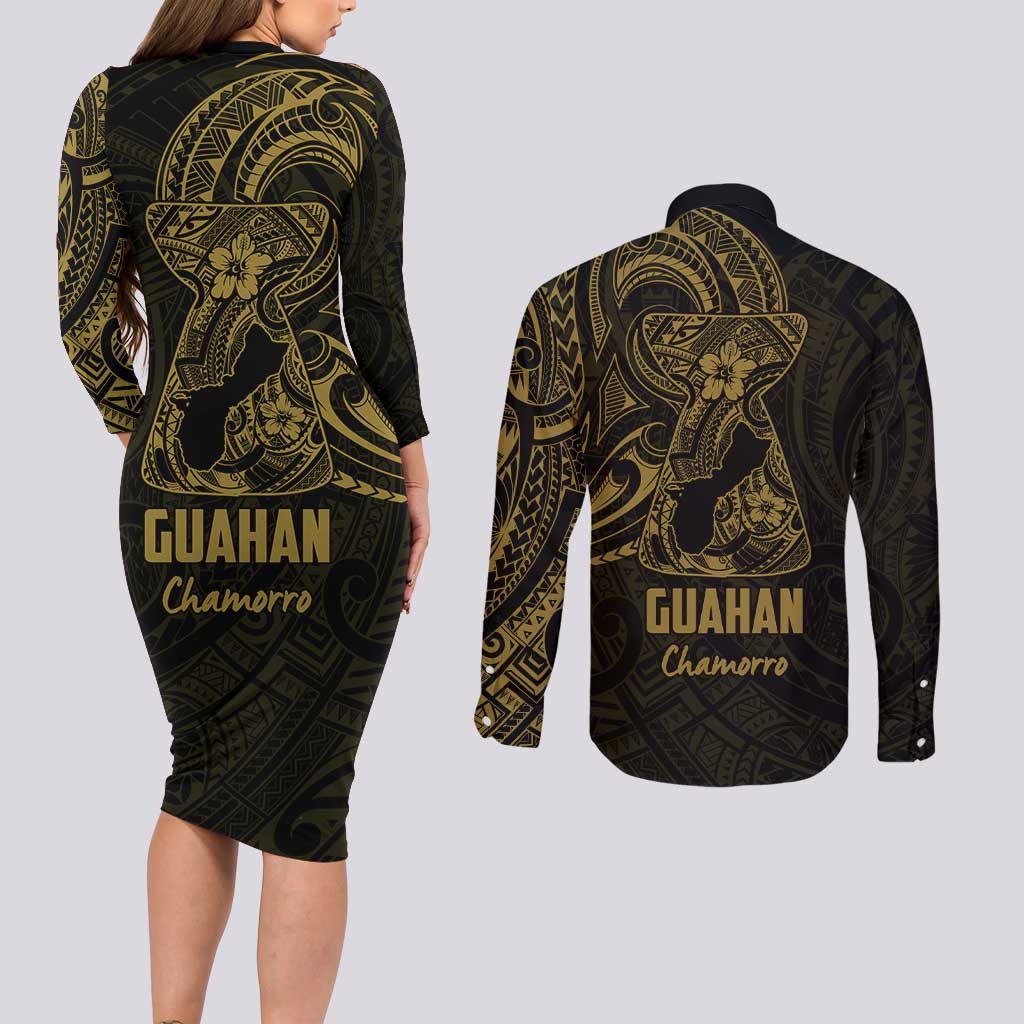 Gold Guam Latte Stone Tribal Tattoo Couples Matching Long Sleeve Bodycon Dress and Long Sleeve Button Shirt Hafa Adai Six 7 One LT9 - Polynesian Pride