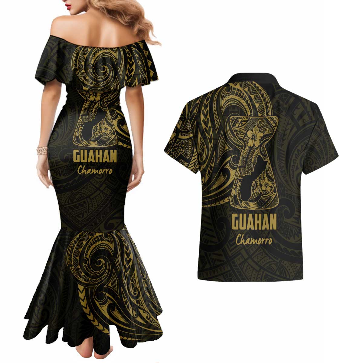 Gold Guam Latte Stone Tribal Tattoo Couples Matching Mermaid Dress and Hawaiian Shirt Hafa Adai Six 7 One LT9 - Polynesian Pride
