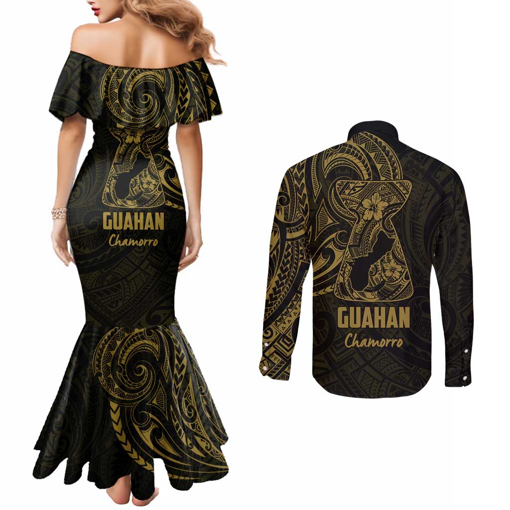 Gold Guam Latte Stone Tribal Tattoo Couples Matching Mermaid Dress and Long Sleeve Button Shirt Hafa Adai Six 7 One LT9 - Polynesian Pride